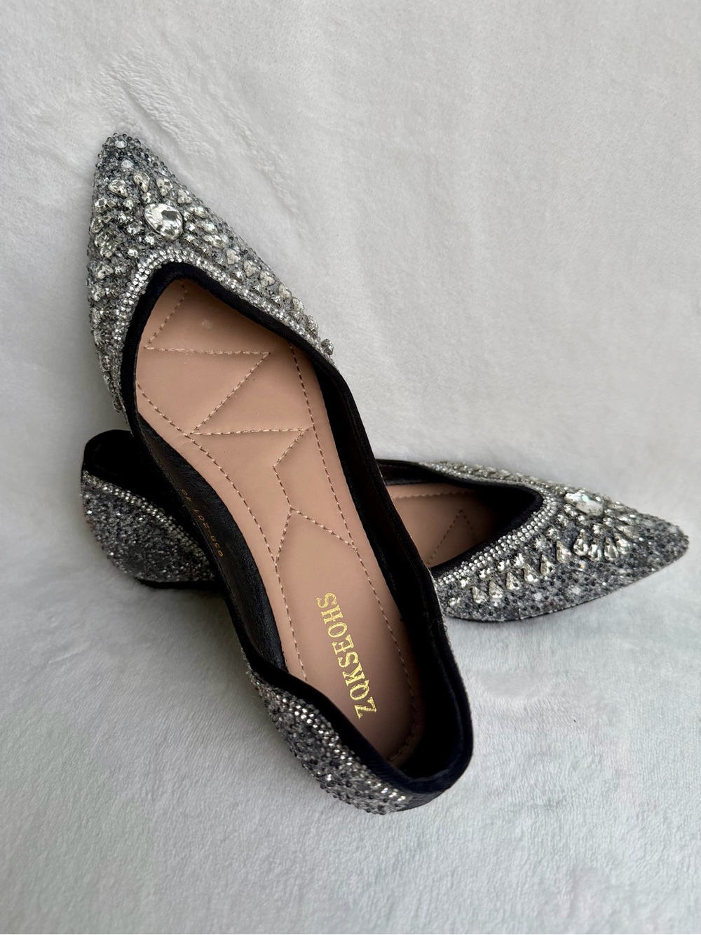 ZQKSEOHS Black Rhinestone Sparkly Pointed Toe Dress Ballet Flats Size 40 - Picture 4 of 12